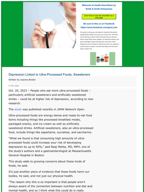 gout cure US Gout Care News Depression Linked to UltraProcessed