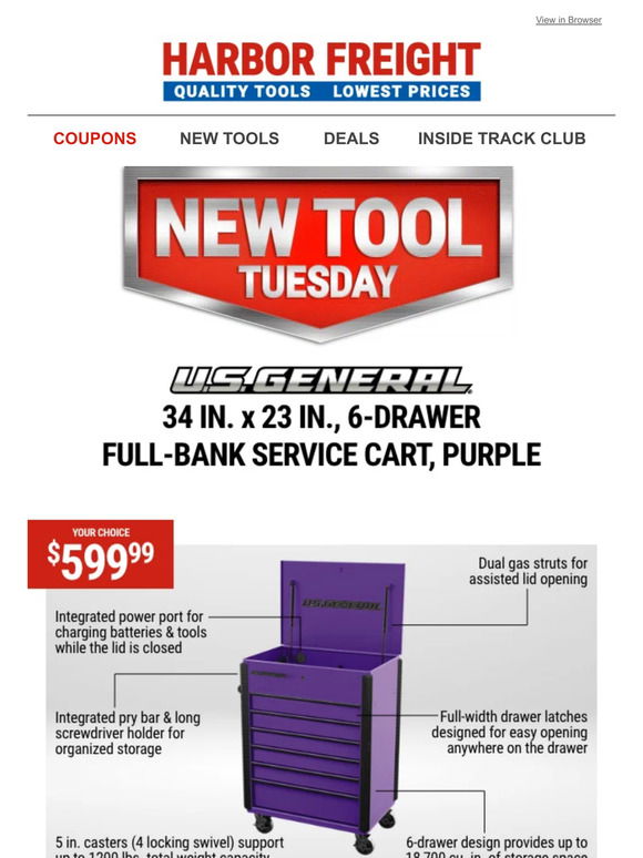 34 in. x 23 in., 6-Drawer, Full-Bank Service Cart, Purple