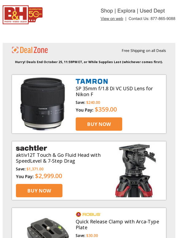 Today's Deals: Tamron 35mm USD Lens for Nikon F, Sachtler aktiv12T Touch &  Go Fluid Head, Robus Quick Release Clamp, Kaiser Slimlite Battery/AC  Lightbox and more - B&H Photo Video