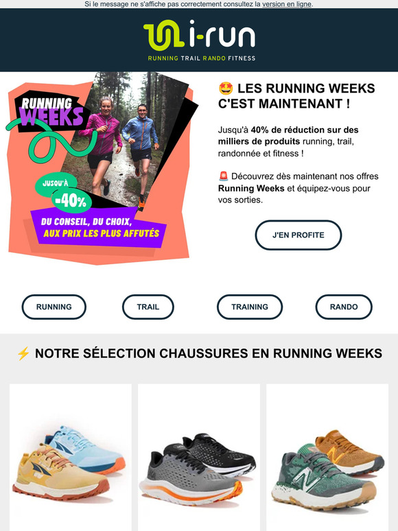 Jusqu'à -40%  👉 Running Weeks