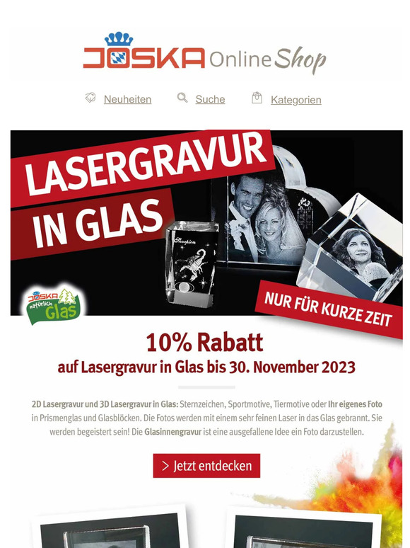 ➜ 10% Rabattaktion auf Lasergravur im Glas bis 30. November 2023!
