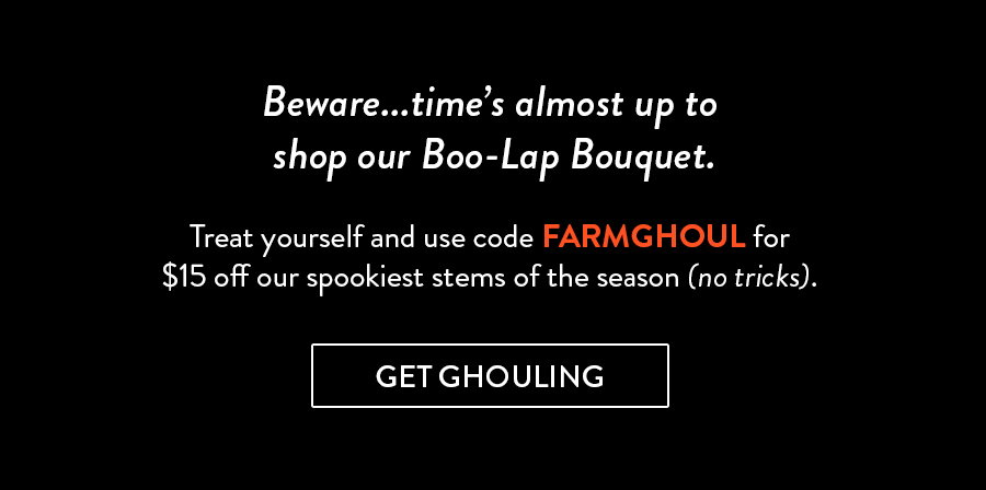 Beware... it's the last day to shop our Boo-lap Bouquet. Treat yourself and use code FARMGHOUL for $15 off our spookiest stems of the season (no tricks).