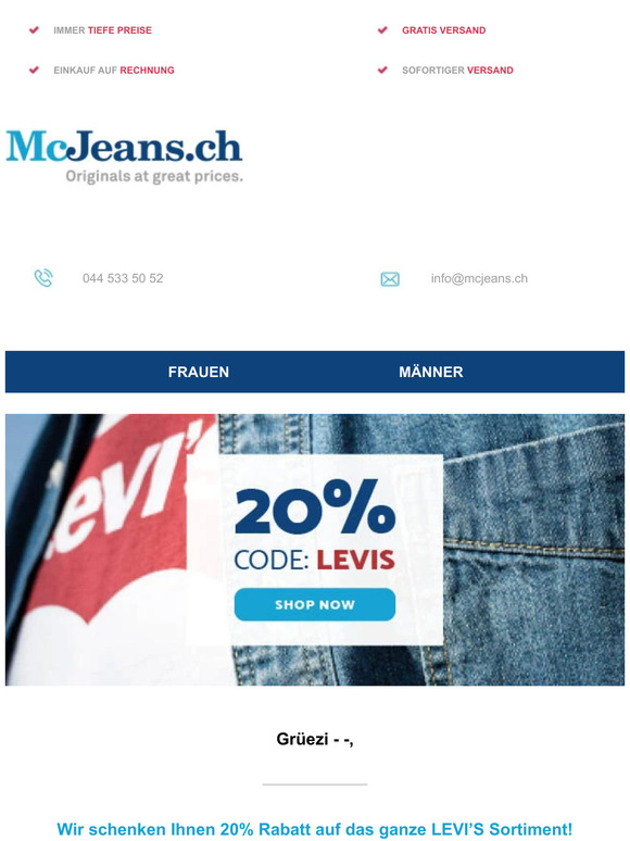 Nur noch kurze Zeit! 👖 20% auf LEVI’S – McJeans.ch – kostenloser Versand