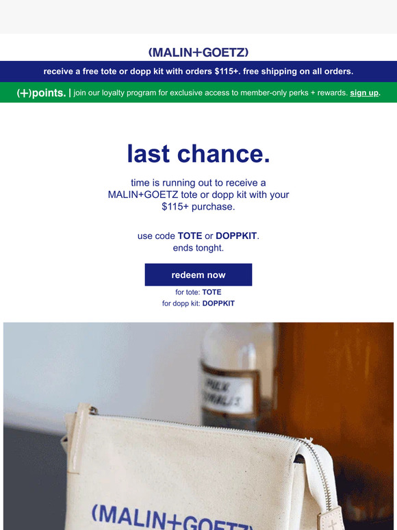 last chance to receive a free tote or dopp kit, on us.