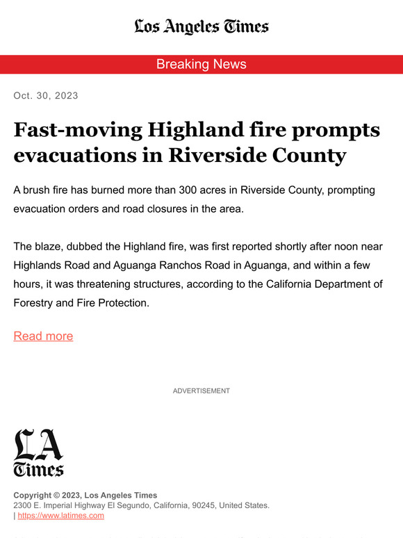 Los Angeles Times Fastmoving Highland fire prompts evacuations in