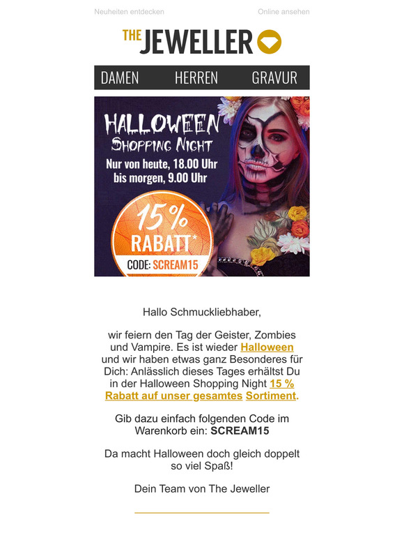 15 % Rabatt in der Halloween Shopping 
Night 🎃💯