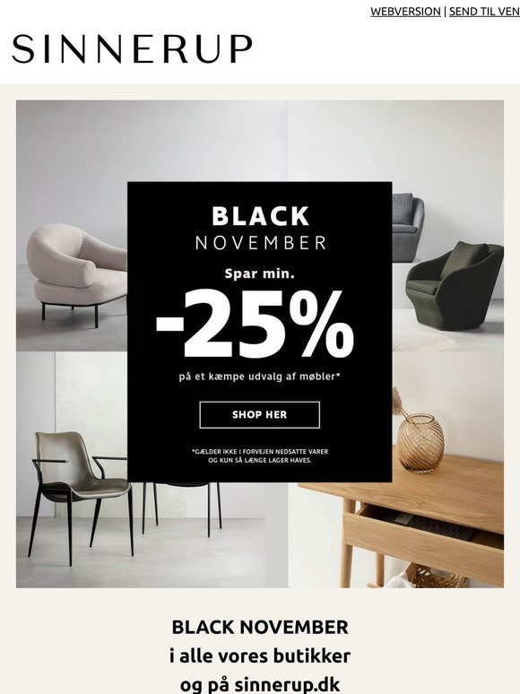 BLACK NOVEMBER hos Sinnerup -  spar min 25% på udvalgte møbler