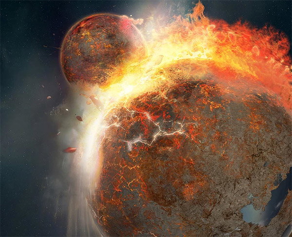 Fire envelops the a planet as another planet smashes into it in this artist’s impression of the collison between Earth and Theia.