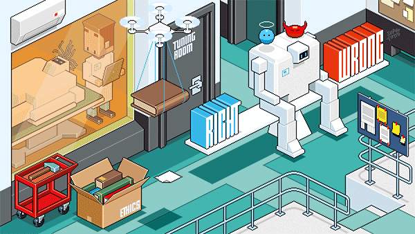 A humanoid cartoon robot sits on a set of scales with the words ‘right’ and ‘wrong’ to either side of it. On its shoulders, a cartoon devil and angel bob up and down. In the background, another robot lies on a table inside a ‘tuning room’. A cartoon scientist holding a clipboard stands by its head.