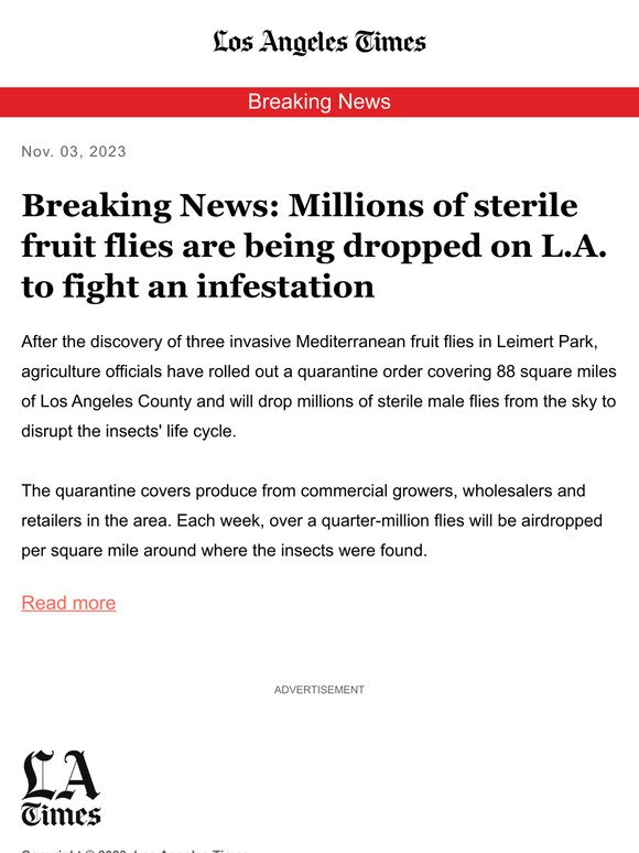 Millions of sterile fruit flies are being dropped on LA to fight