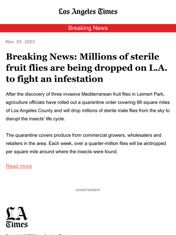 Millions of sterile fruit flies are being dropped on LA to fight