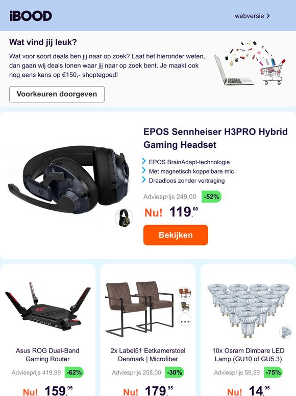EPOS Sennheiser H3PRO Hybrid Gaming Headset -52% | Asus ROG Dual-Band Gaming Router -62% | 2x Label51 Eetkamerstoel Denmark | Microfiber -30%