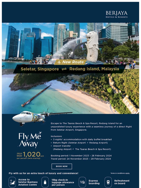 Direct Flight - Seletar, Singapore ⇌ Redang Island, Malaysia