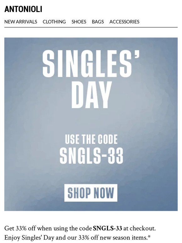 Singles' Day – Enjoy 33% Off