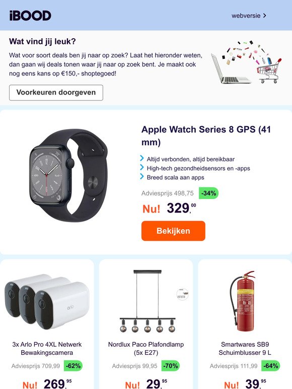 Apple Watch Series 8 GPS (41 mm) -34% | 3x Arlo Pro 4XL Netwerk Bewakingscamera -62% | Nordlux Paco Plafondlamp (5x E27) -70%