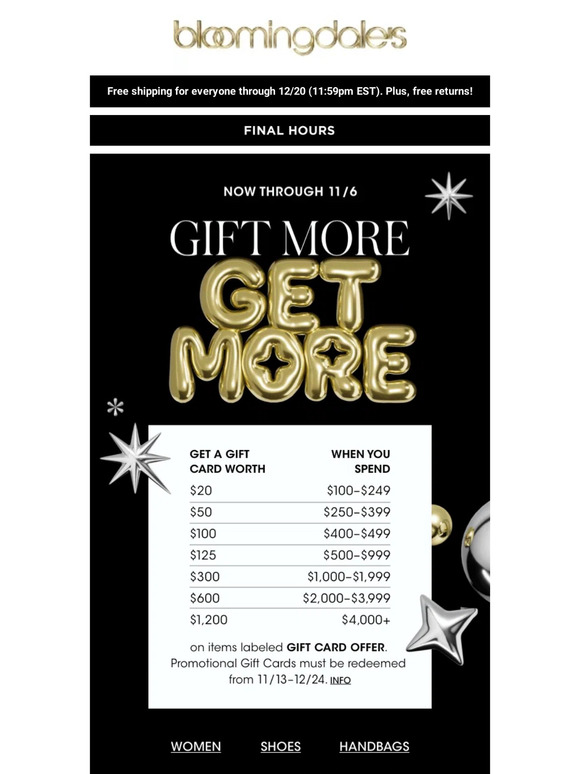 Bloomingdale's Final hours! Get up to a 1,200 Gift Card now Milled