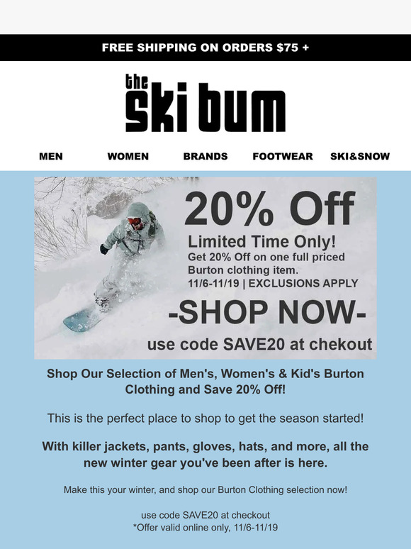 Beat the Cold-Burton Winter Clothing 20% Off!
