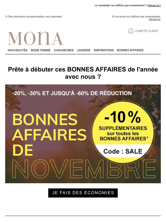 🎉C'est parti : -10% supplémentaires + des articles jusqu'à -60% parmi nos BONNES AFFAIRES de novembre