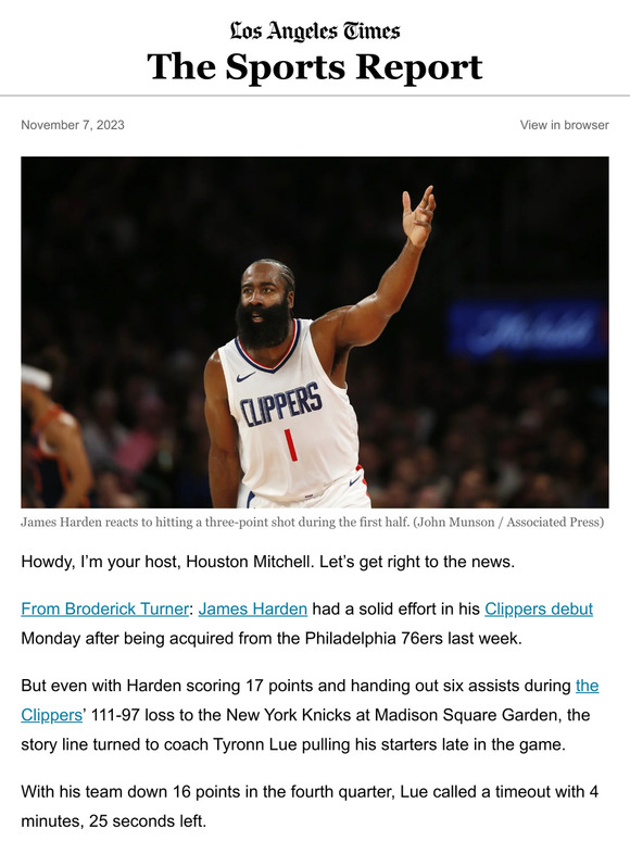 Los Angeles Times The Sports Report Clippers Lose In James Harden S Debut With Team Milled