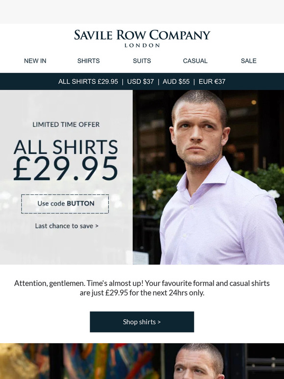 Tick-tock! All shirts £29.95 ends tonight