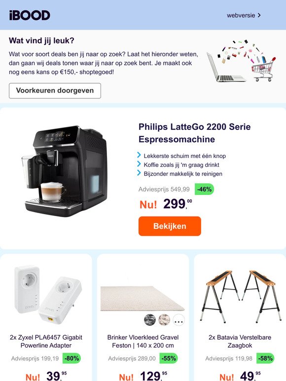 Philips LatteGo 2200 Serie Espressomachine -46% | 2x Zyxel PLA6457 Gigabit Powerline Adapter -80% | Brinker Vloerkleed Gravel Feston | 140 x 200 cm -55%