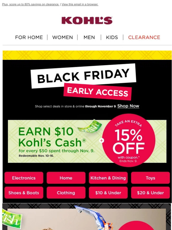 Kohl's on X: Ready, set, save! Black Friday deals on home gifts, toys and  more are on now through 11/23. Plus, get an extra 15% off* with code JOY  and earn $15