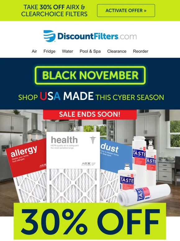 30% off USA Made Air and Water Filters