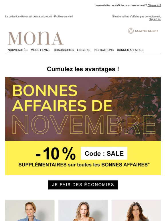 Économisez 2 fois plus: des articles jusqu'à -60% de réduction + 10% supplémentaires