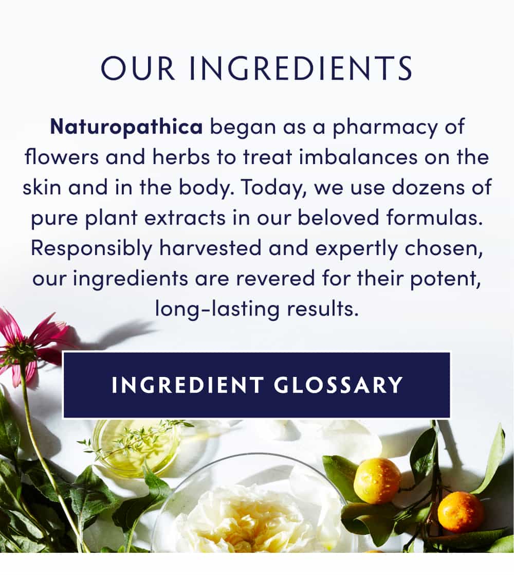 OUR INGREDIENTS Naturopathica began as a pharmacy of flowers and herbs to treat imbalances on the skin and in the body. Today, we use dozens of pure plant extracts in our beloved formulas. Responsibly harvested and expertly chosen, our ingredients are revered for their potent, long-lasting results. INGREDIENT GLOSSARY