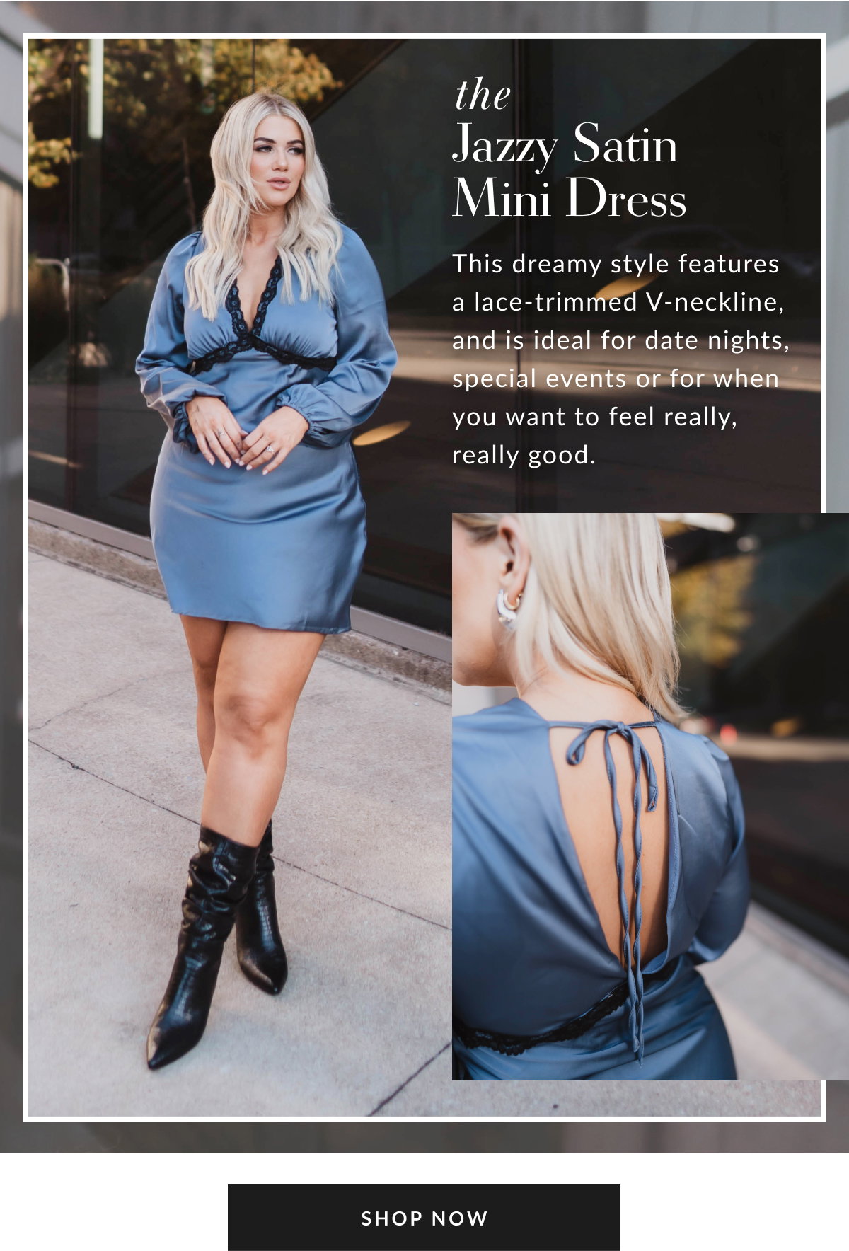 Jazzy Satin Lace Trim Long Sleeve Mini Dress