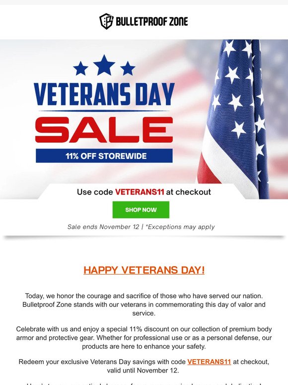 Salute to Valor: Save 11% OFF Storewide this Veterans Day!