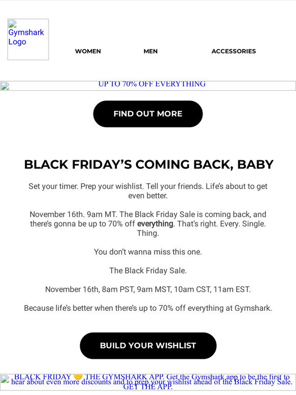 Gymshark Black Friday Sale goes live on November 16th at 11AM EST