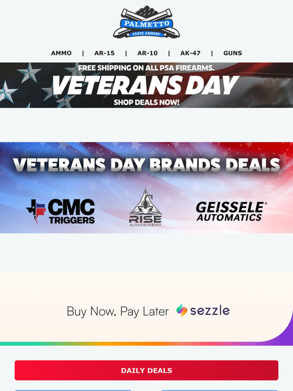 Palmetto State Armory Veterans Day Brand Deals On CMC, Geissele, & Rise! CZ 75B 9mm Pistol
