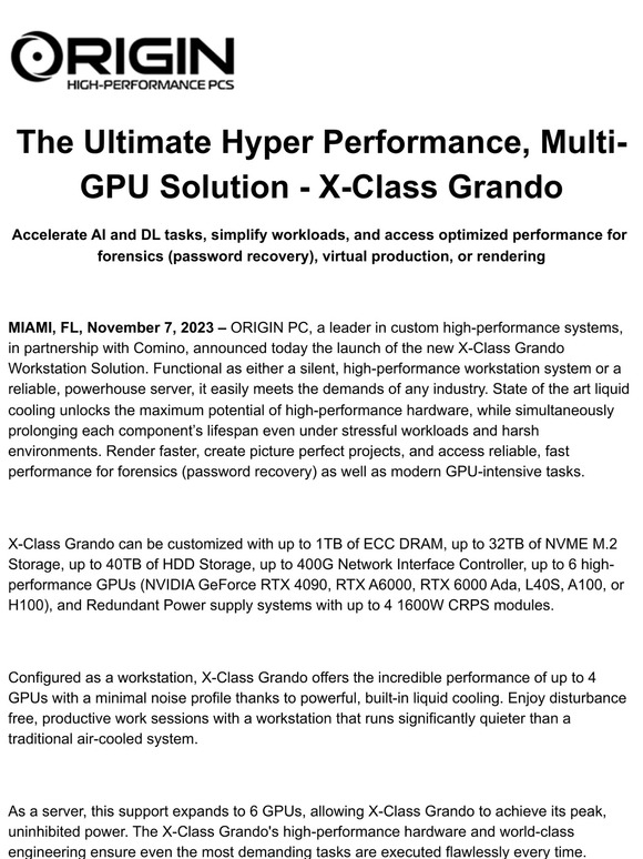 Origin PC MEDIA ALERT Announcing XClass Grando Workstation Launch