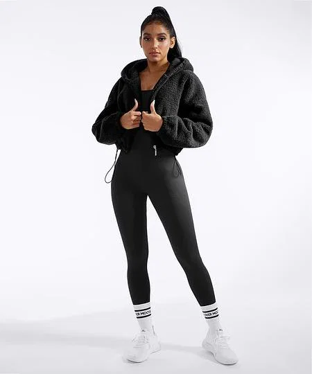 2Pcs Zip Up Teddy Jacket Match Ribbed Long Sleeve Jumpsuit
