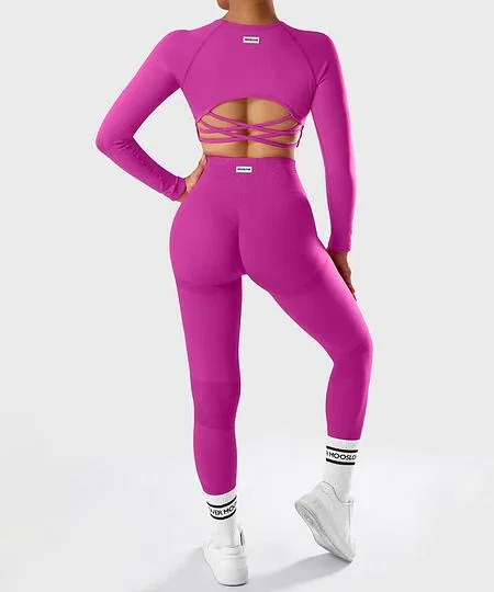 Solid Color Long Sleeves 2Pcs Seamless Butt Lift Sport Legging Set