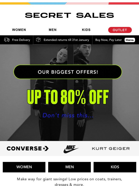 Our BIGGEST OFFERS! Up to 80% off Converse, Nike, Aus Wooli Ugg...