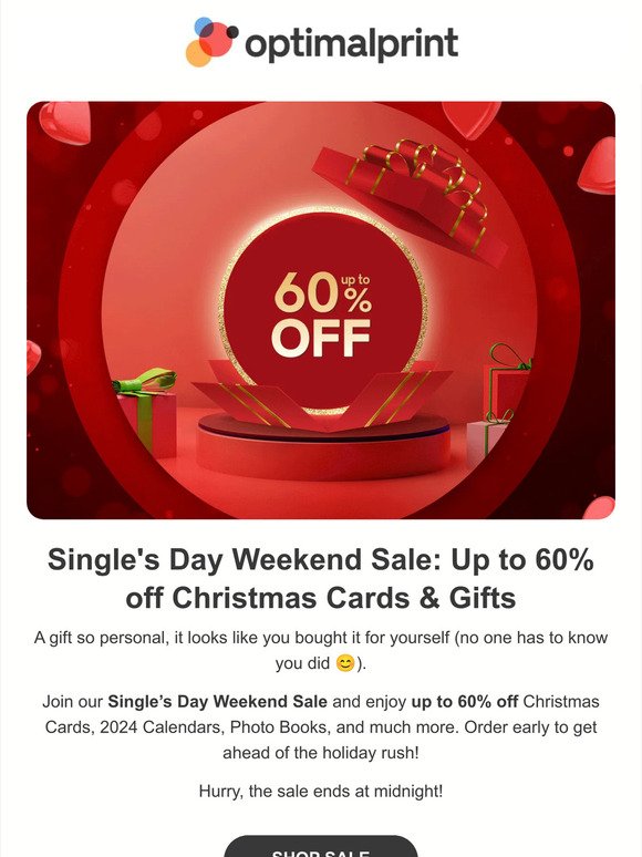 ENDS TONIGHT: Up to 60% off Christmas Cards, Calendars & Gifts 🎄🎁 Single's Day Weekend Sale