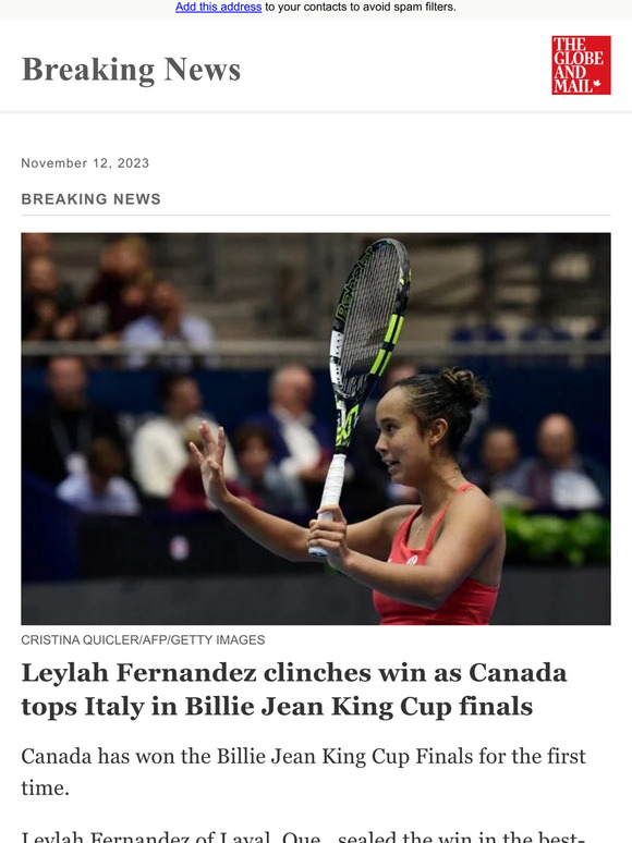 Leylah Fernandez clinches win as Canada tops Italy in Billie Jean King Cup  Finals - The Globe and Mail