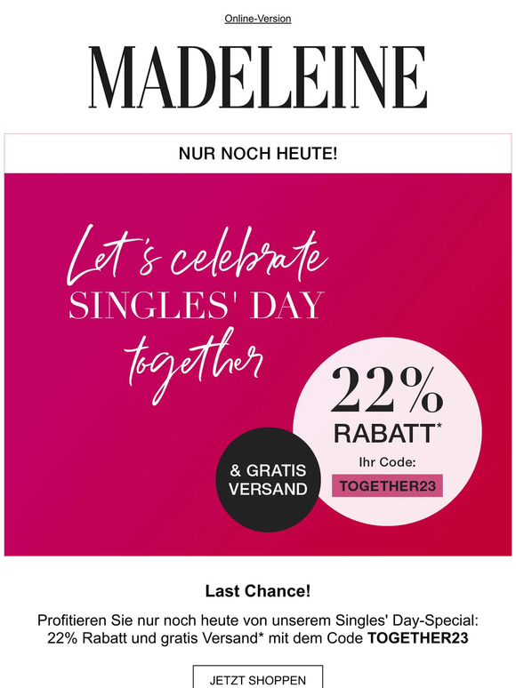Letzte Chance! -22% + gratis Versand zum Singles' Day