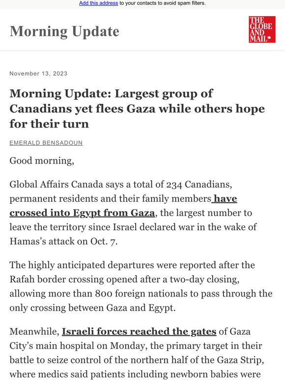 Morning Update: Largest group of Canadians yet flees Gaza while others hope  for their turn - The Globe and Mail