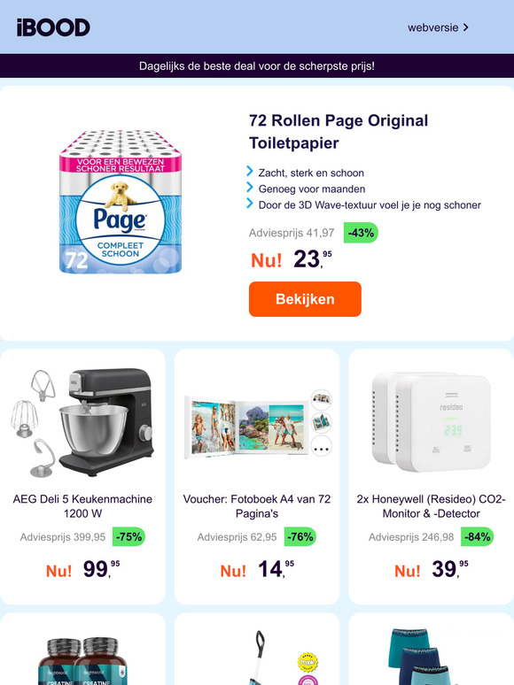 72 Rollen Page Original Toiletpapier -43% | AEG Deli 5 Keukenmachine 1200 W -75% | Voucher: Fotoboek A4 van 72 Pagina's -76%