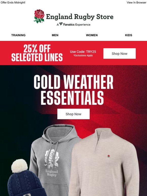 25% Off Selected Cold Weather Essentials >>