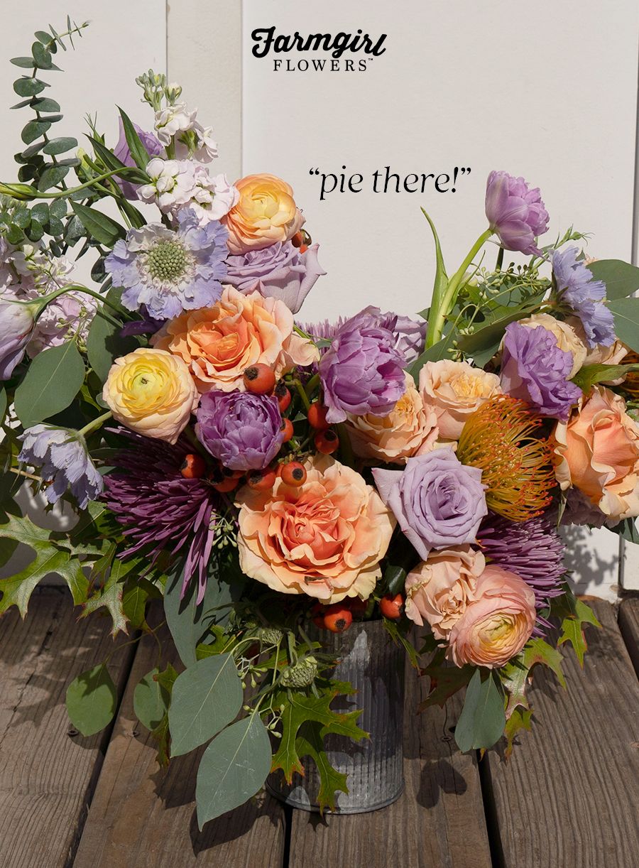 No holiday tablescape is complete without a little sweet potato pie. Satisfy your sweet tooth with a pastel palette prettier than pastry – some of our favorite lavender and peach hues make this arrangement deliciously decadent. Ready to chop and drop into its rustic-chic metallic vase, this bouquet is as easy as pie (and just as much of a treat).