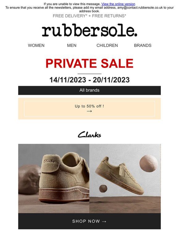 Indulge with Rubbersole, up to 50% off Clarks, Tom Tailor and Teddy Smith with free delivery