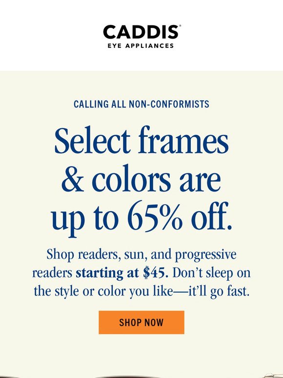 Up to 65% off select frames and colors