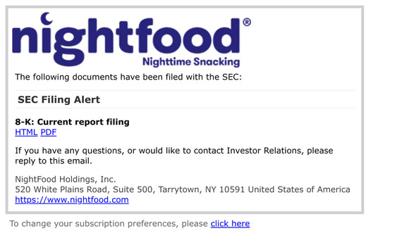 SEC Filing Alert for NightFood Holdings, Inc.