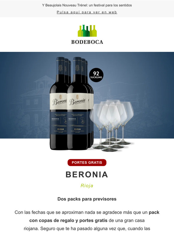 Beronia Reserva con copas de regalo y Portes Gratis: un triunfo asegurado