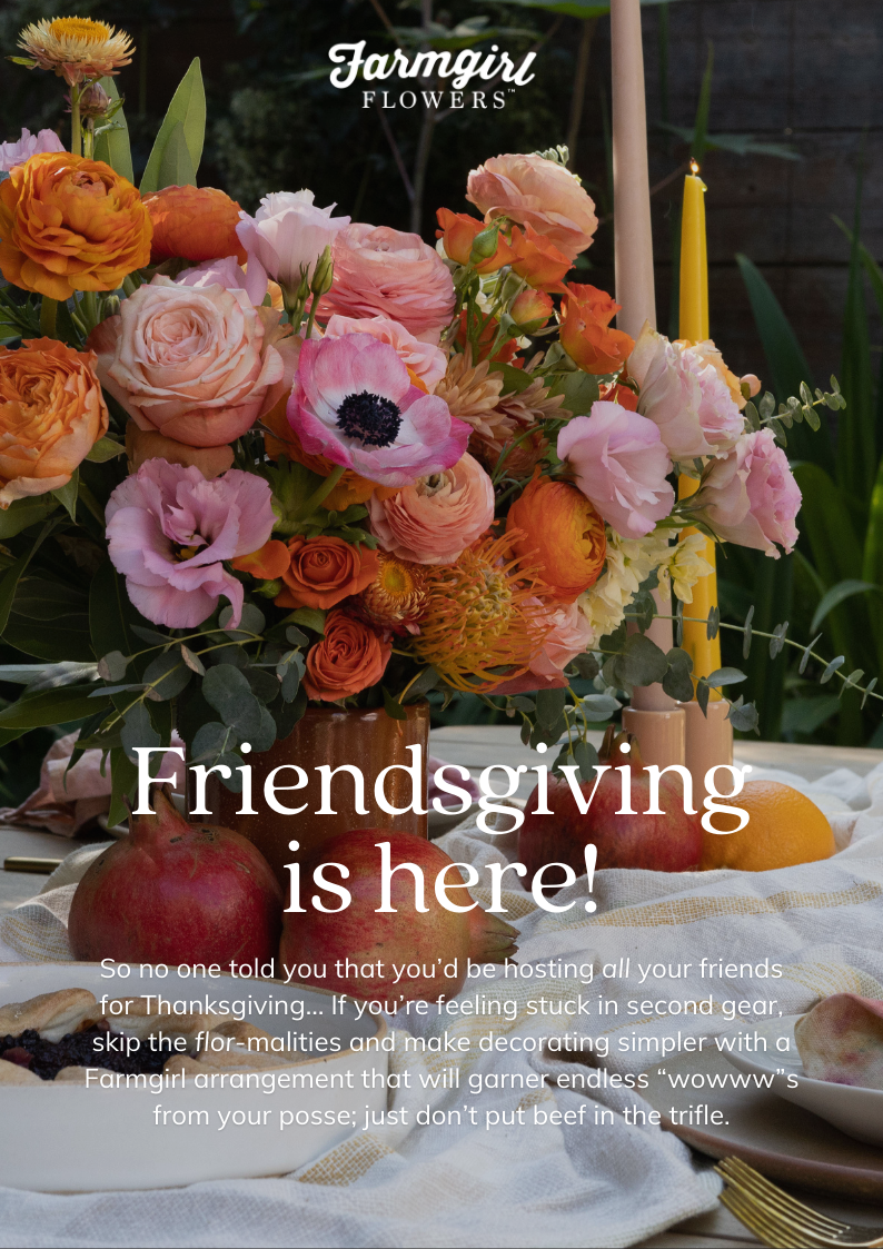 So no one told you that you’d be hosting all your friends for Thanksgiving… If you’re feeling stuck in second gear, skip the flor-malities and make decorating simpler with a Farmgirl arrangement that will garner endless “wowww”s from your posse; just don’t put beef in the trifle. Need some guidance? We’re there for you with the best arrangement based on your all-time fave character.