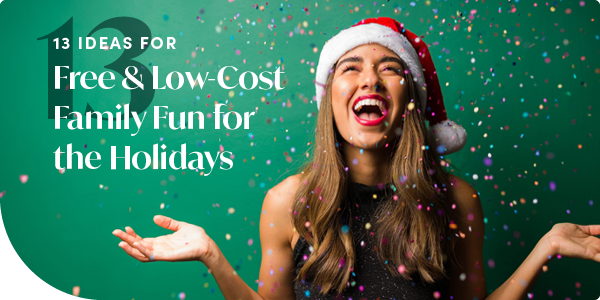 13 Ideas For Free & Low-Cost Family Fun for the Holidays | Woman laughing in a santa hat